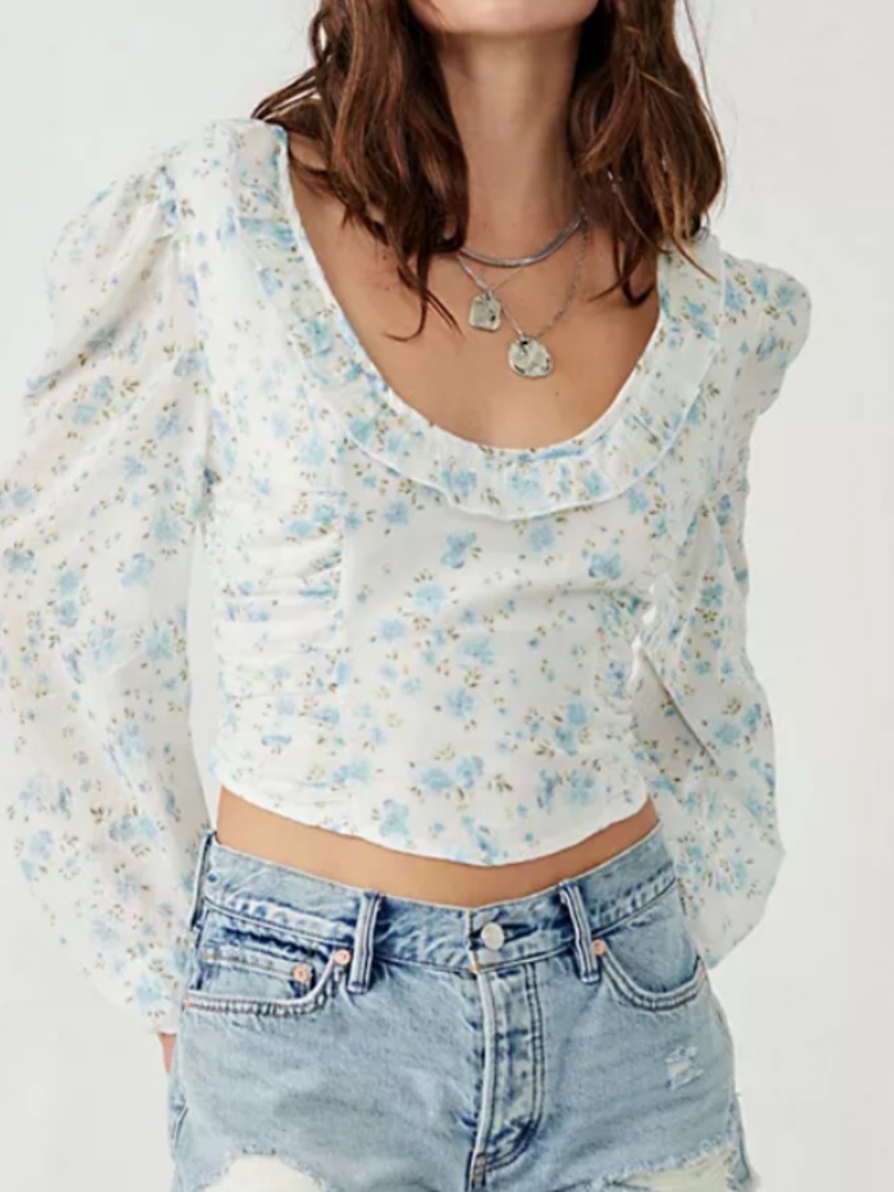Free People Another Life Printed Puffed Long Sleeve Scoop Neck Fitted Torso Top